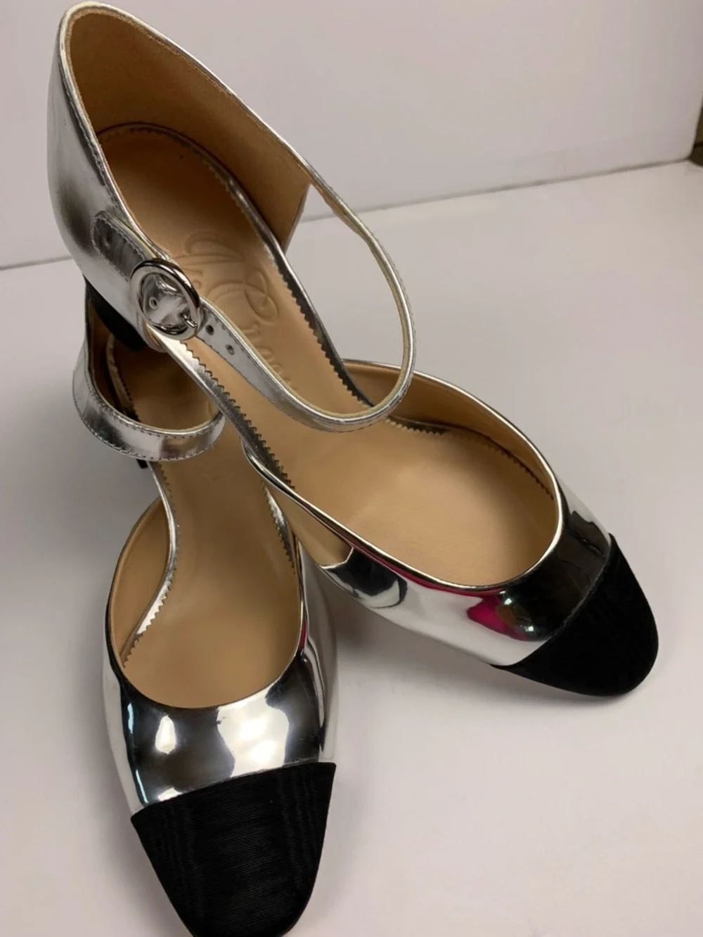 J.Crew Maisie Silver Leather Mary Jane Block Heels Black Cap Toe 9.5